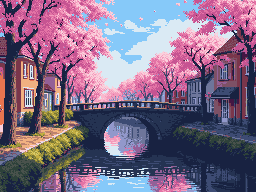 Pixel-art scene of a bridge under cherry blossoms